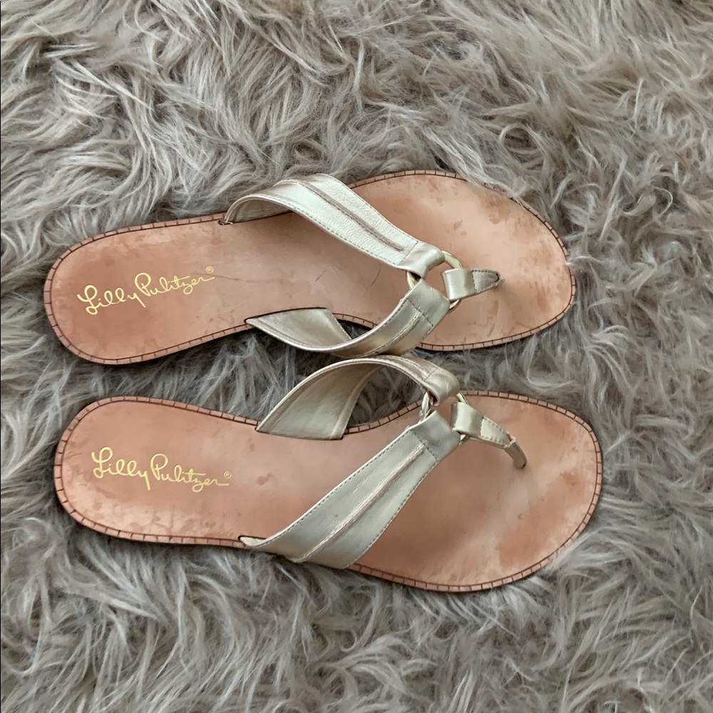 Lilly Pulitzer McKim Genuine Leather  Gold Metallic Sandals Flip Flop Wedges 10